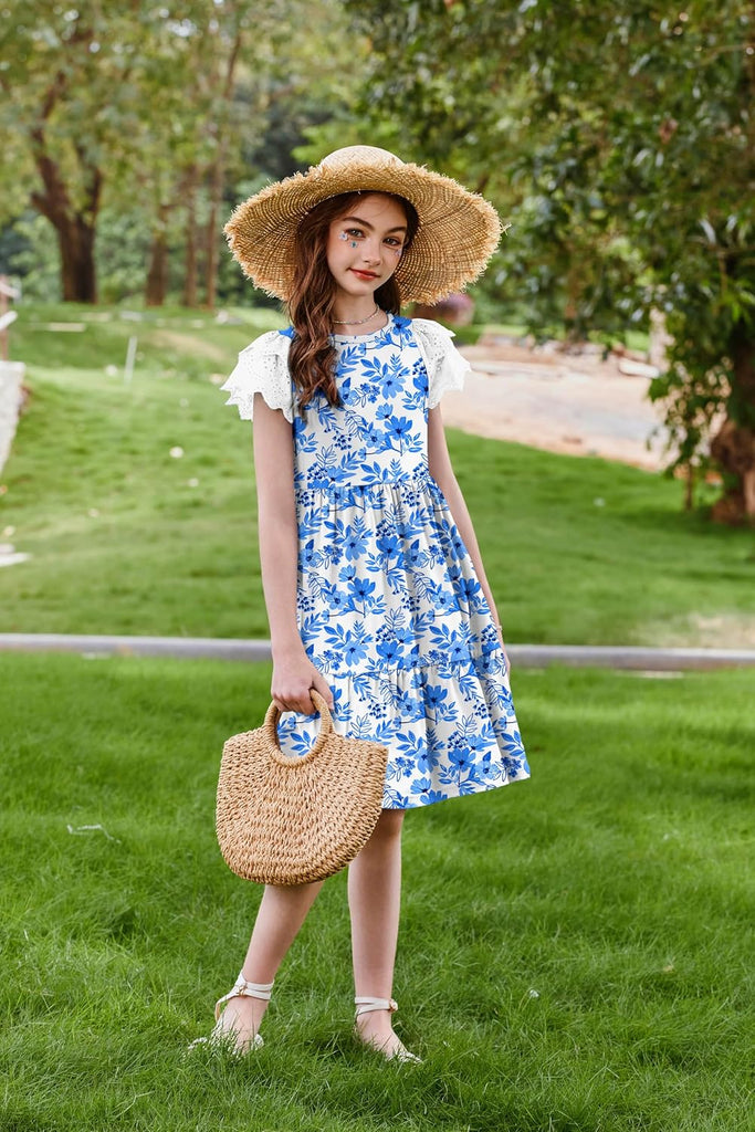 Girls Summer Dresses Casual Flutter Sleeve Midi Dress with Pockets