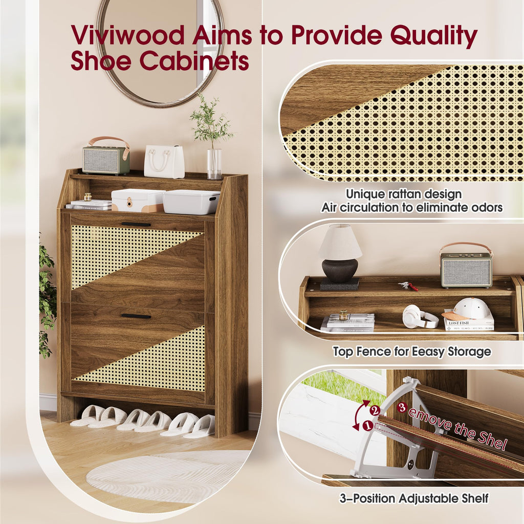 Rattan Shoe Storage Cabinet with 2 Flip Drawers, Wooden Shoe Cabinet with Adjustable Shelf, Narrow Shoe Rack