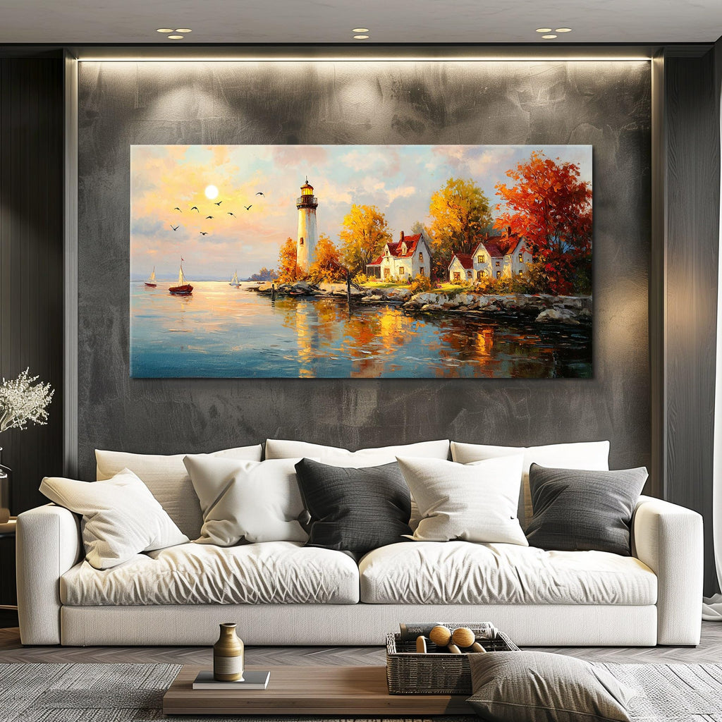 Lighthouse wall art Large Ocean Theme Wall Decor Coastal Landscape Decorations Beach Scene Canvas Wall Art Nautical