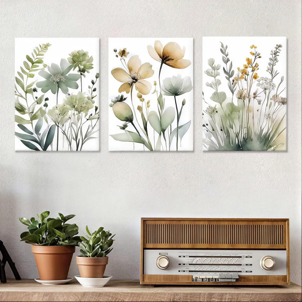 Framed Sage Green Botanical Wall Art Set of 3 Boho Floral Canvas Wall Decor Paintings Minimalist Flower Posters