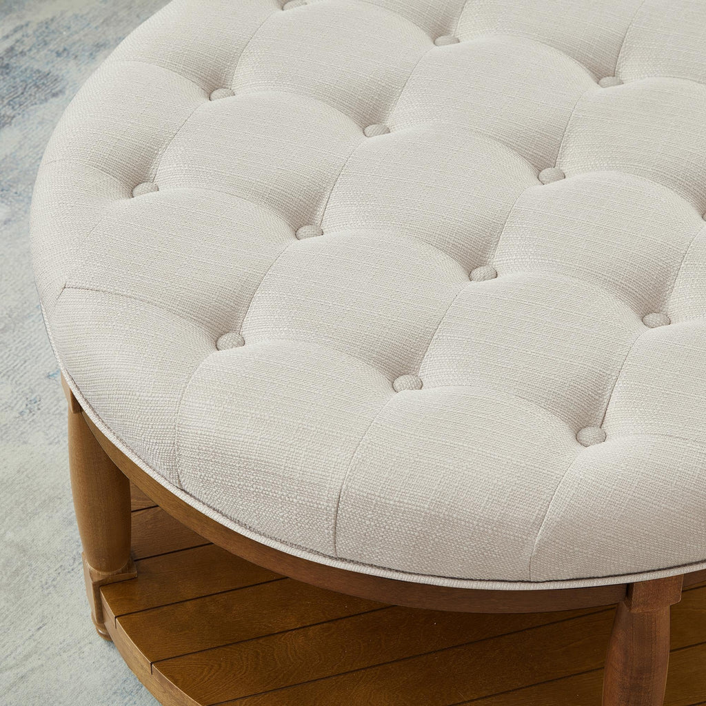 Large Round Upholstered Tufted Linen Ottoman Coffee Table with Solid Wood Frame and Open Storage Shelf, Upholstered