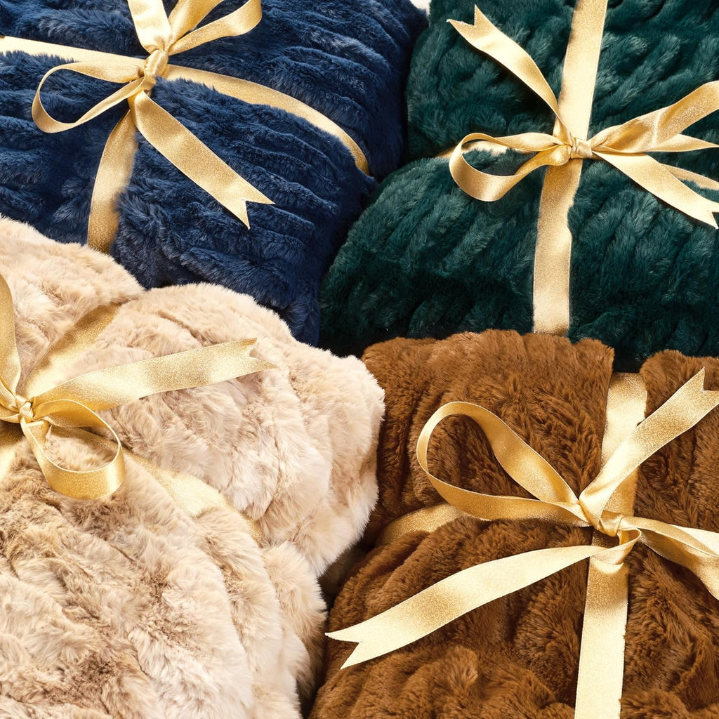 Premium Ruched Faux Fur Throw Blanket - Luxurious, Soft Reversible Mink Blanket - 50" x 65" - Teal