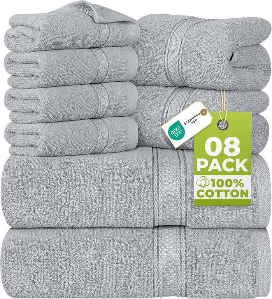 8 Piece Majestic Plush Luxury Towel Set, Cotton, Cool Grey | Majestic Plush 100% Ring Spun Cotton Towels - Super