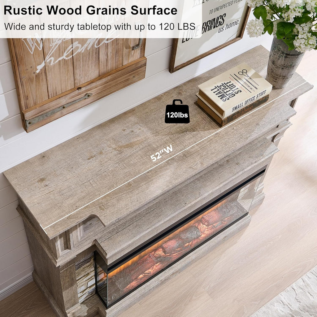 52" Electric Fireplace with Mantel, Freestanding Fireplace Heater TV Stand with 36" 3-Side Glass Insert for TVs Up to