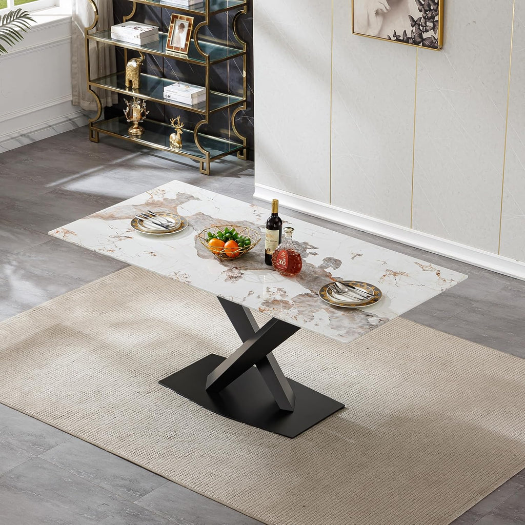 Modern Marble Dining Table, 70" White Kitchen Dining Room Table for 4 6 8 with 0.4" Thick Faux Marble Tabletop and