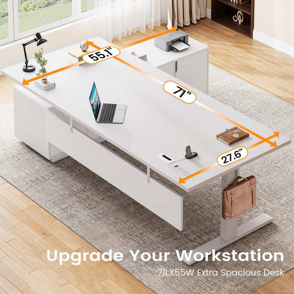 71" Executive Large L Shaped Electric Standing Desk, White