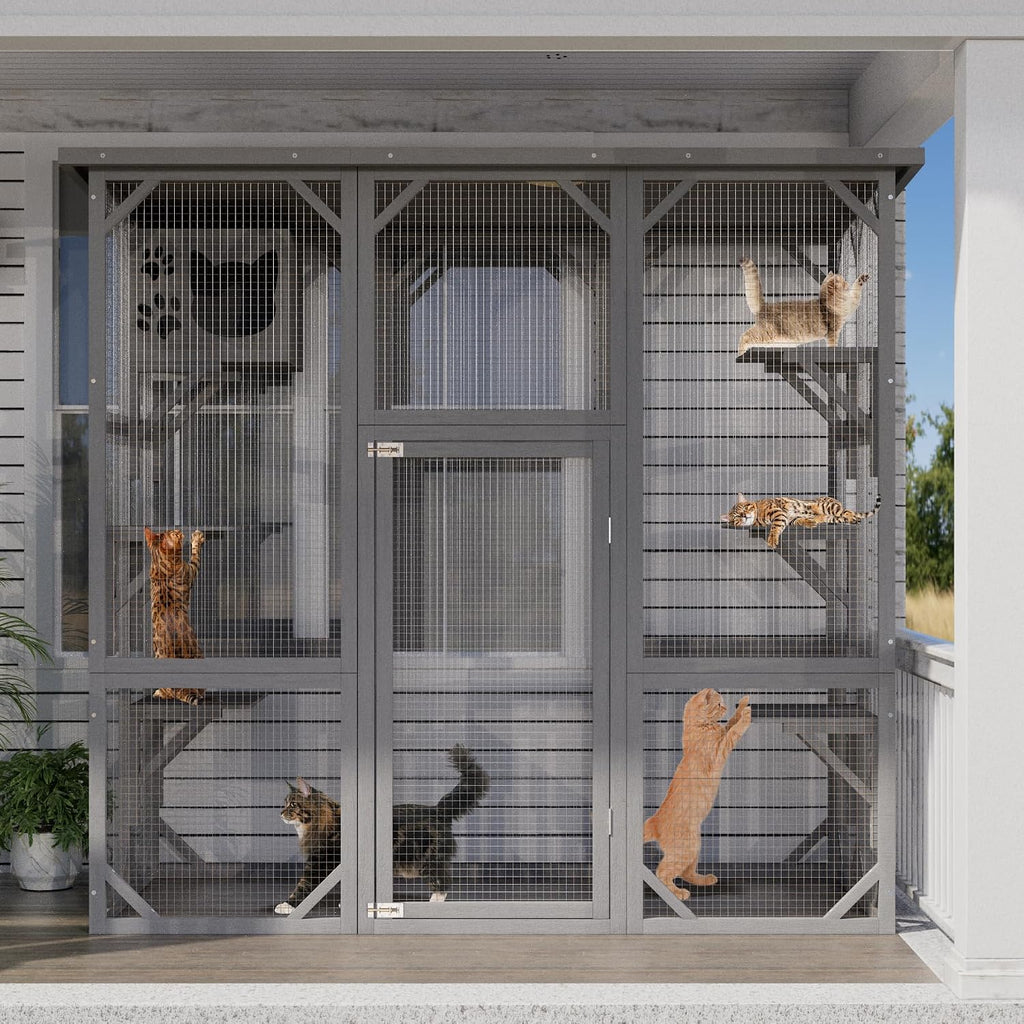 Catio Outdoor Cat Enclosure, Wooden Cat House with Resting Box, Grey