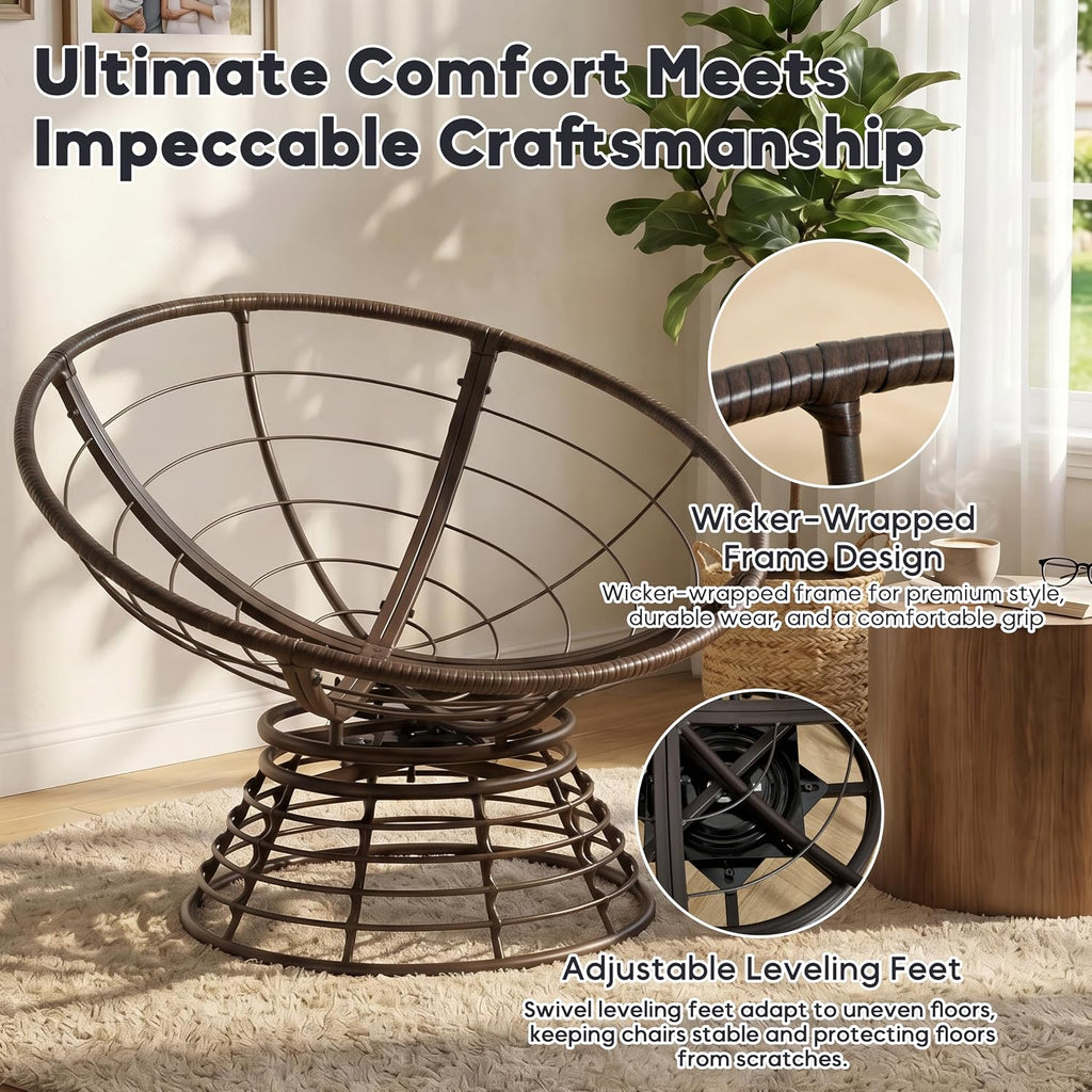 Comfortable 36" Ergonomic Wicker Papasan Chair, 360° Swivel Wicker Accent Chair Polyester Fabric Cushion, Ideal