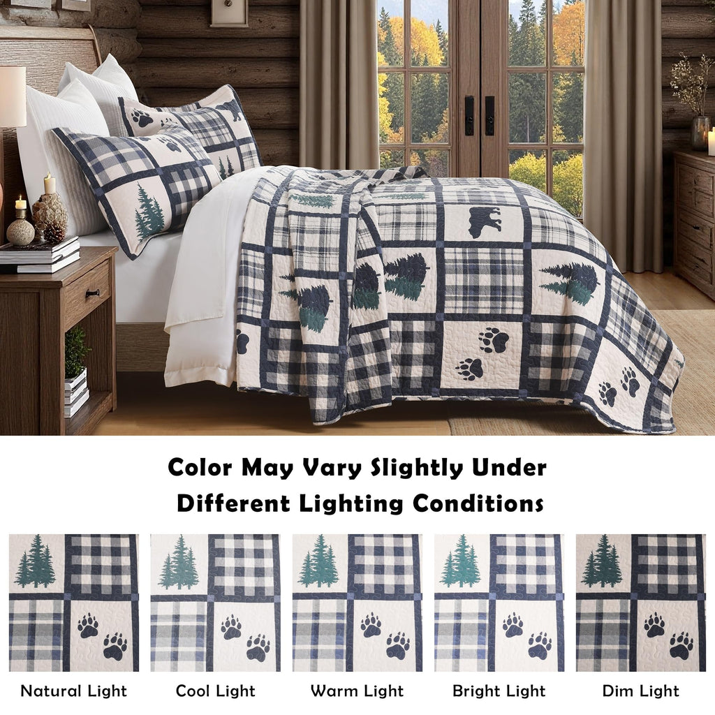 Bear Patchwork Quilt Set - Rustic Cabin Bedding Navy 3 Pieces