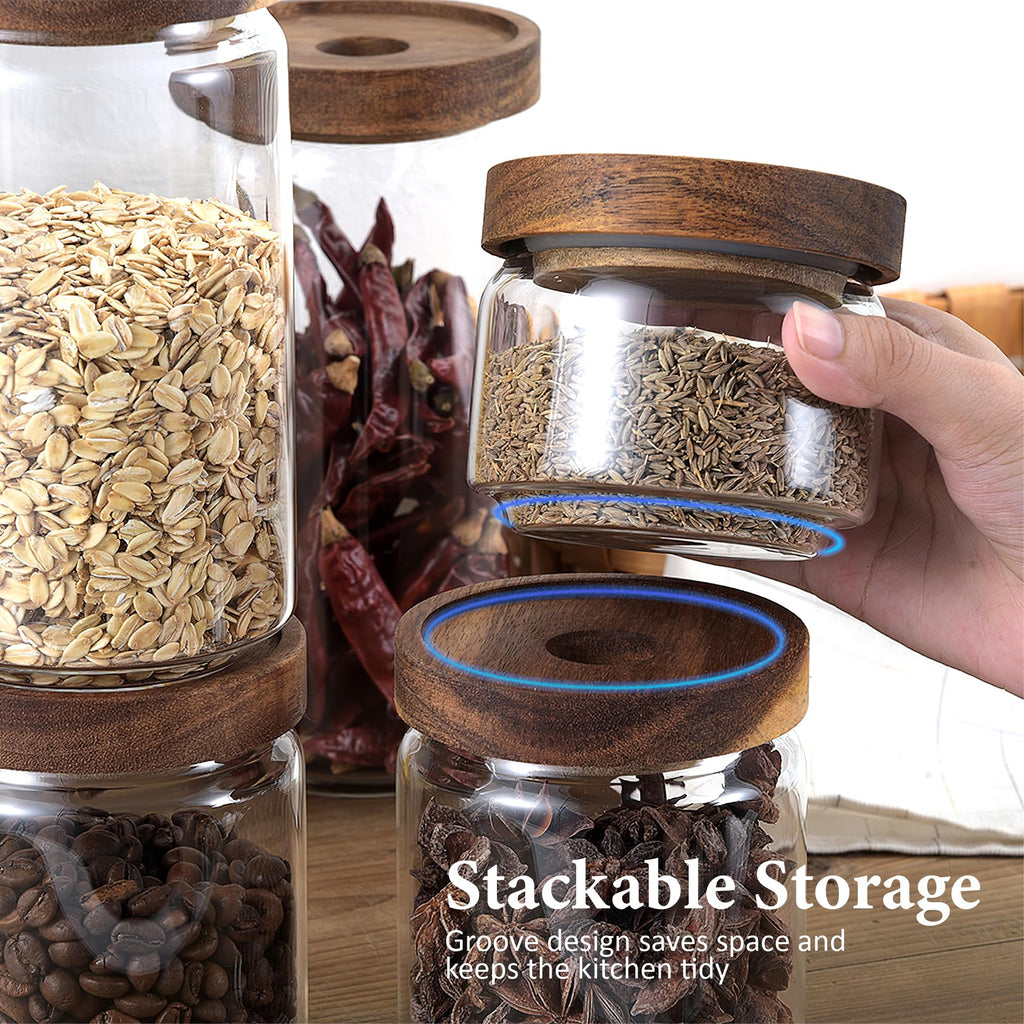 32Oz Clear Cute Glass Storage Canister Holder with Stackable Airtight Wood Lid, Modern Decorative Container Jar