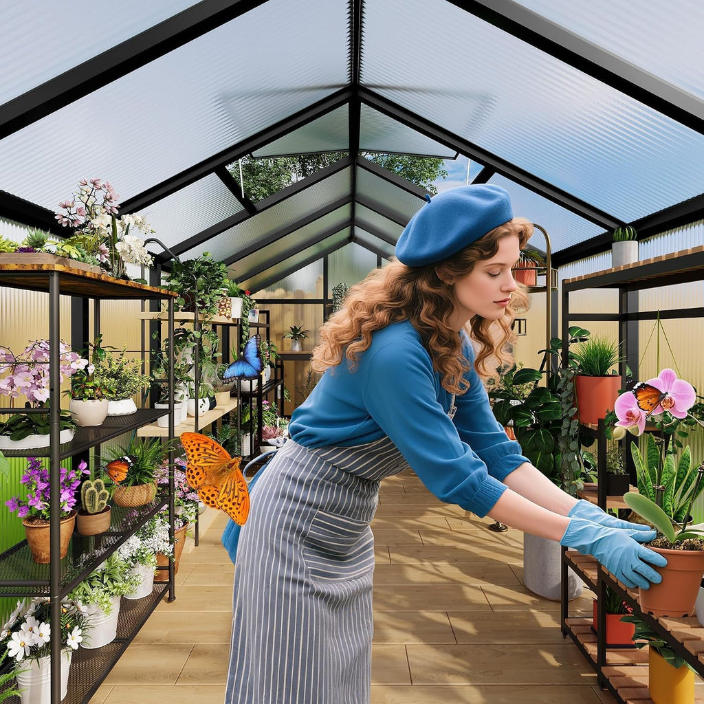 6x10 FT Greenhouse, Outdoor Sliding Door, Polycarbonate Greenhouse with Aluminum Frame, Lockable Door and Ajustable