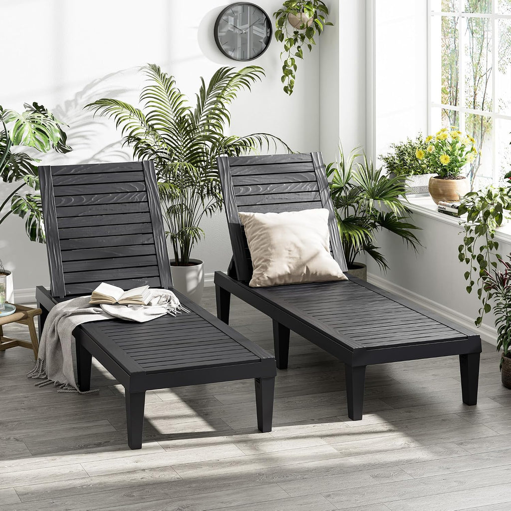Outdoor Lounge Chairs Set of 2, 5-Position Adjustable Tanning Chairs with Wood Grain, All-Weather Res Recliners for