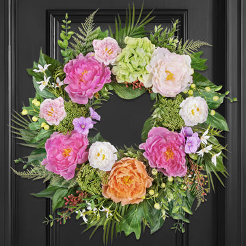 24 Inch Spring Summer Wreaths for Front Door: Realistic Silk Peonies & Hydrangeas with Berry Greenery, Faux Flower