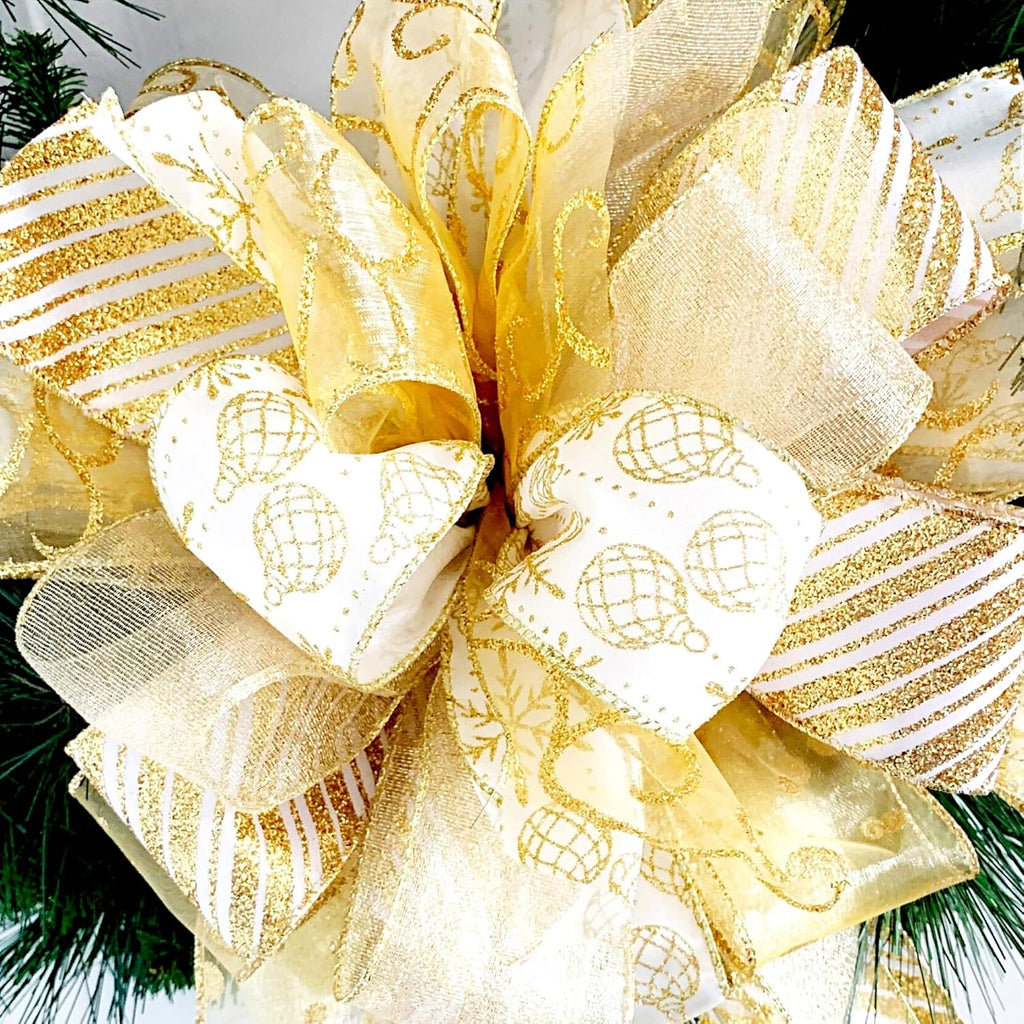 Premium Gold Christmas Tree Topper Bow with Wired Streamers - Luxury Champagne Snowflake Holiday Wreath Bow - Winter