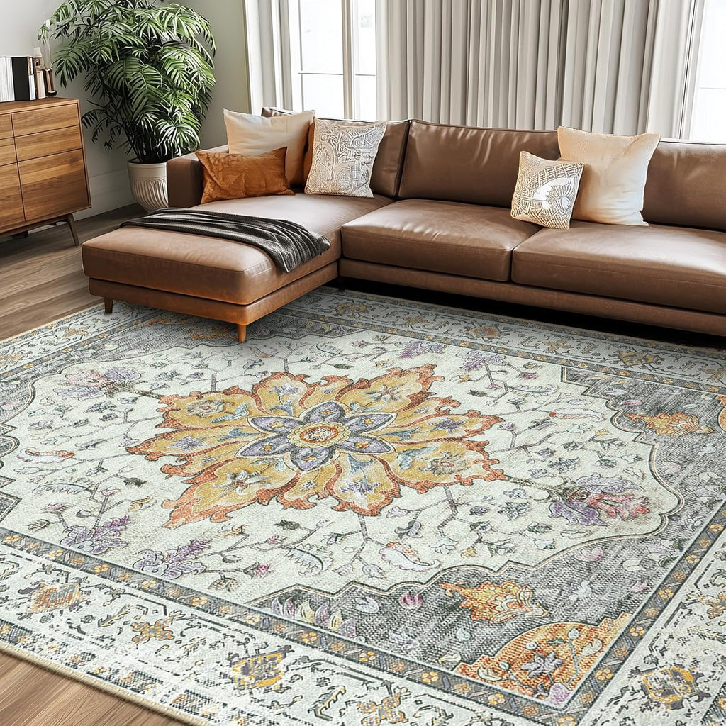 Area Rugs Washable Non-Slip, Floral Vintage Distress Print Pattern Medallion Carpet for Living Room Bedroom