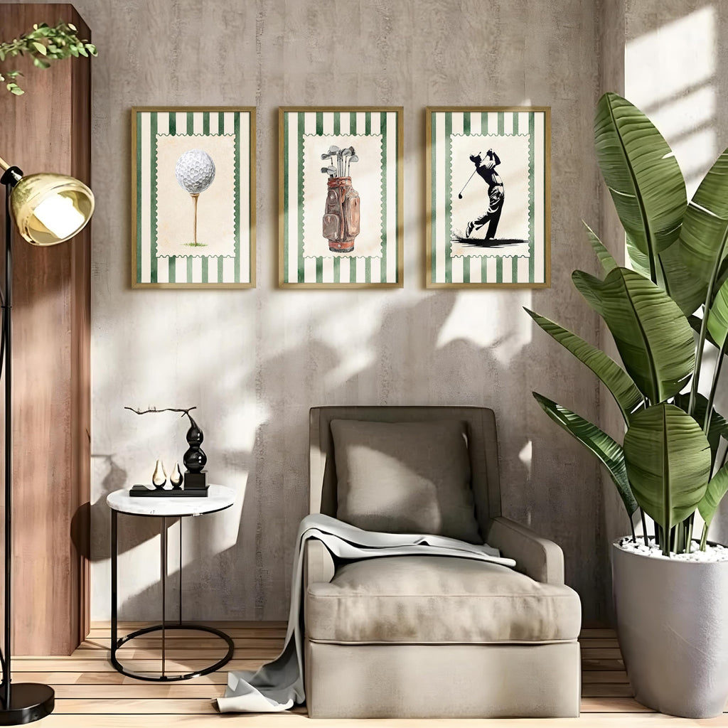 Vintage Golf Wall Art Set of 3 Canvas, Sports Framed Poster, Neutral Country Club Painting for Preppy Home Wall