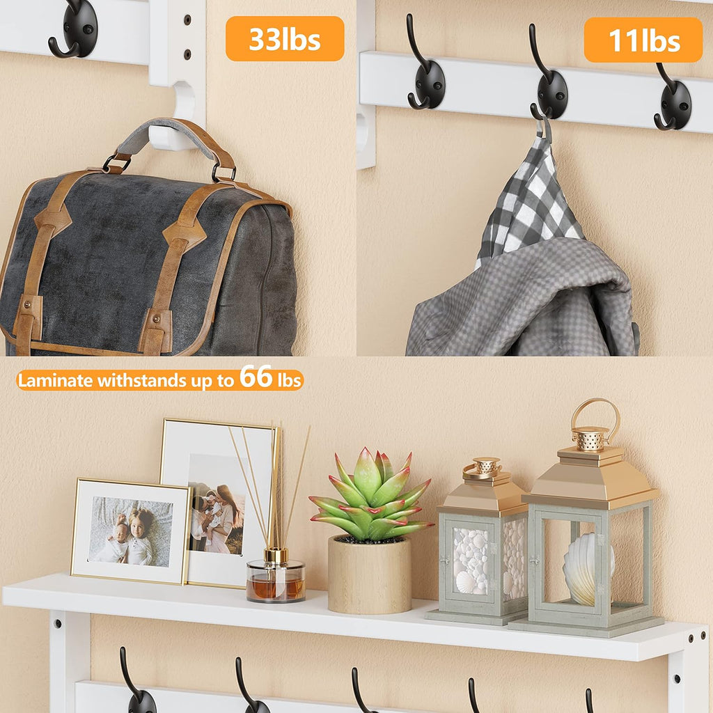 Coat Rack Wall Mount with Shelf, 28.9 Inches Coat Hooks Wall Mounted with 5 Hooks, Hat Wall Hooks for Hanging (White