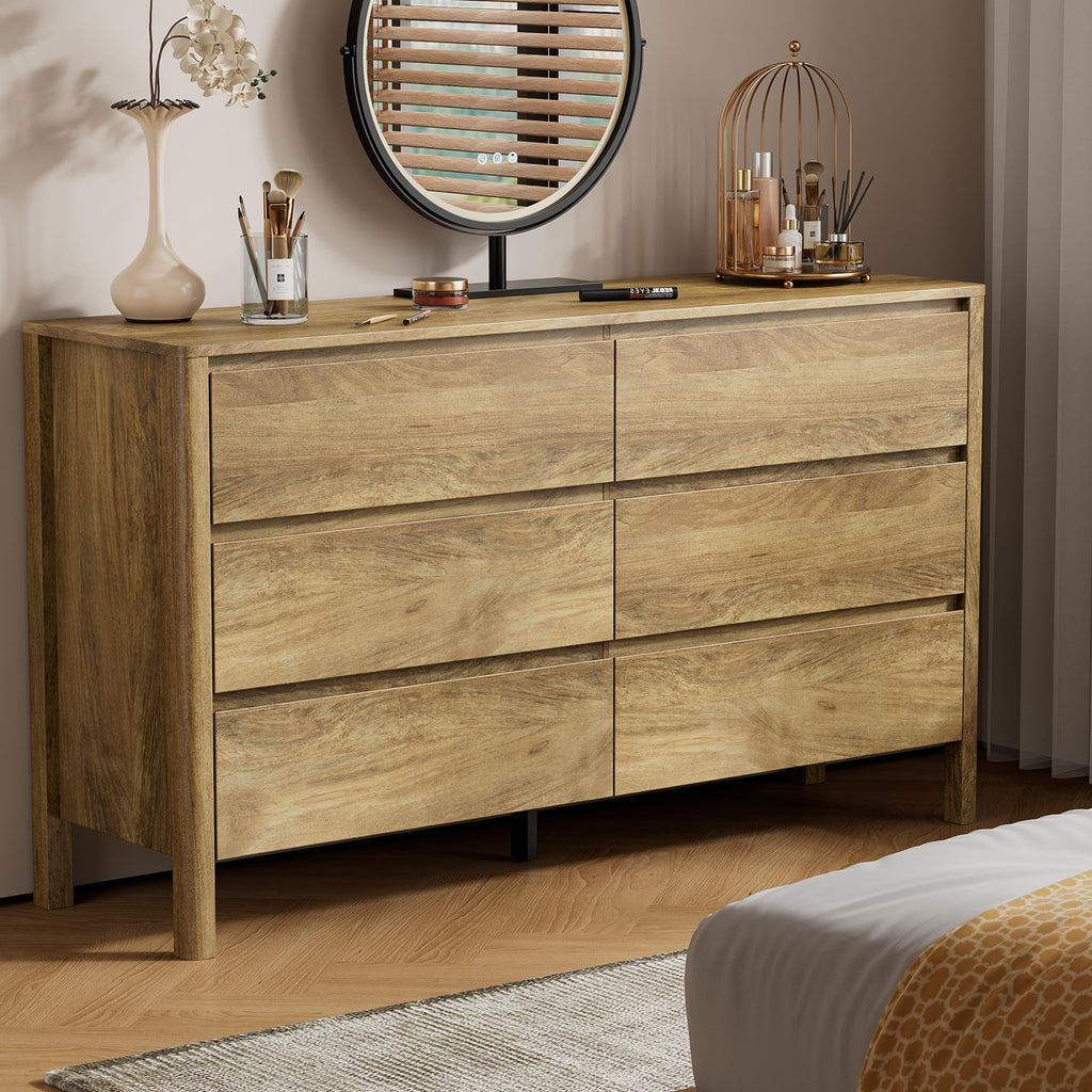 55.1" Wide 6 Drawer Wood Dresser with Legs, Natural Oak