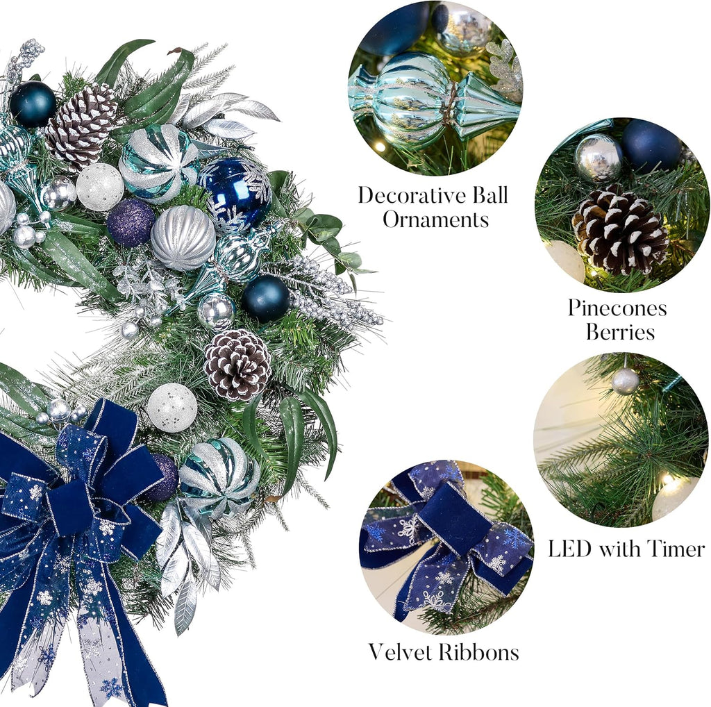 30" Large Christmas Wreath for Front Door with Lights Ribbon