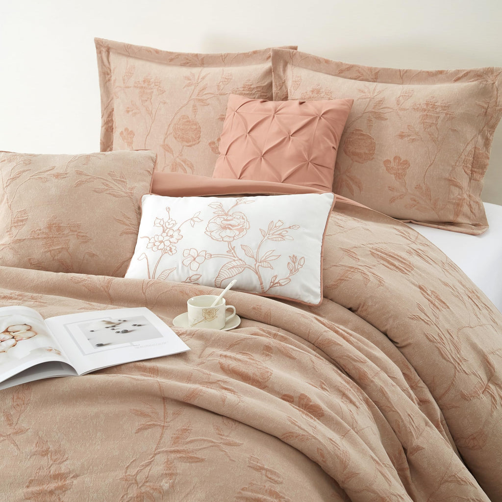 Floral Comforter Set, Blush 7 Pieces Jacquard Bedding Set, Cotton &Polyester Bedding, All Season