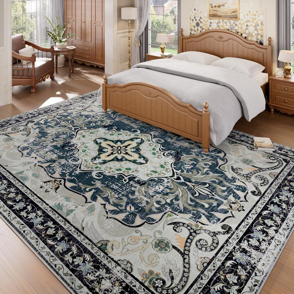 Washable Area Rugs, Non-Slip Boho Vintage Traditional Medallion Print Pattern Carpet Dining Room Farmhouse
