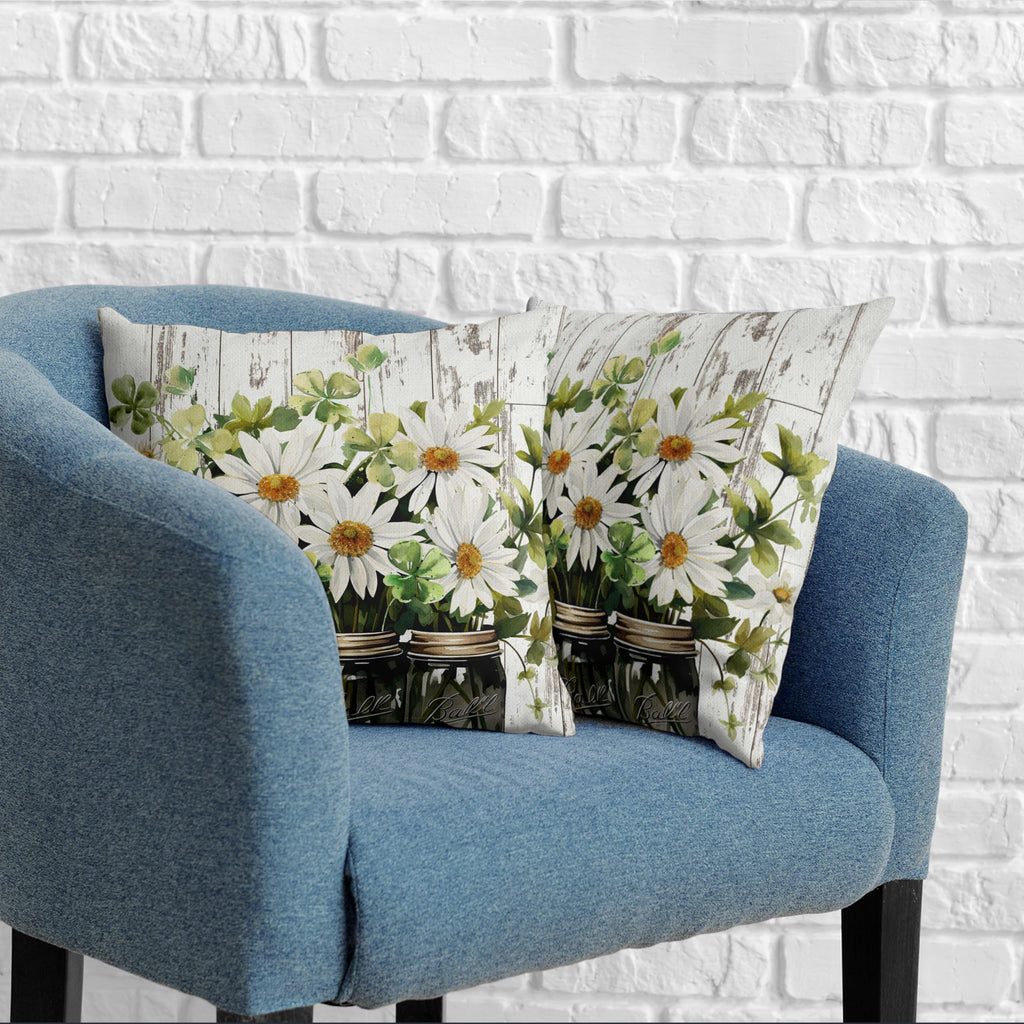 Daisy Flower Pillow Covers 16x16 Spring Vase Throw Pillow Covers Retro Wooden Style Pillow Case Spring Summer Cotton
