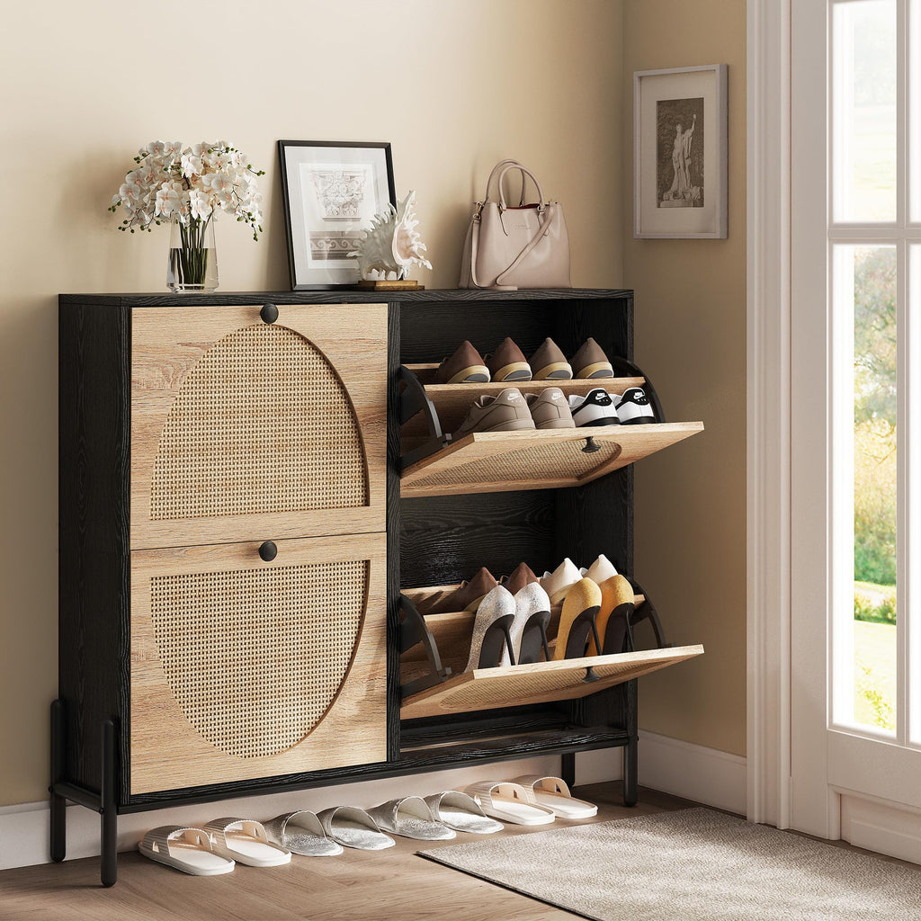 Rattan Shoe Cabinet Storage with 4 Flip Drawers, Black
