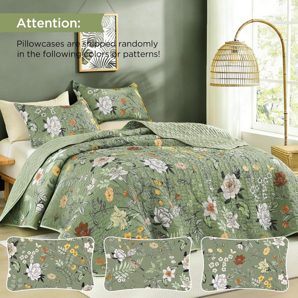 Floral Green Quilt California King - 3 Pieces Cal King Sage Botanical Birds Pattern Quilt Bedding, Spring Lightweight