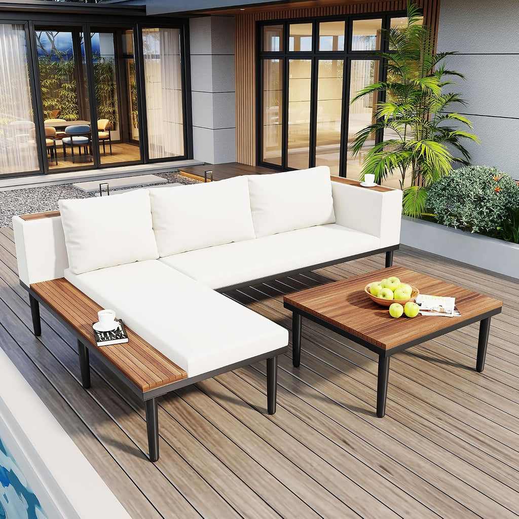 Acacia Wood Outdoor Sectional Sofa Set - Luxury L-Shaped Patio Furniture with Removable Cushions, Coffee Table & Side