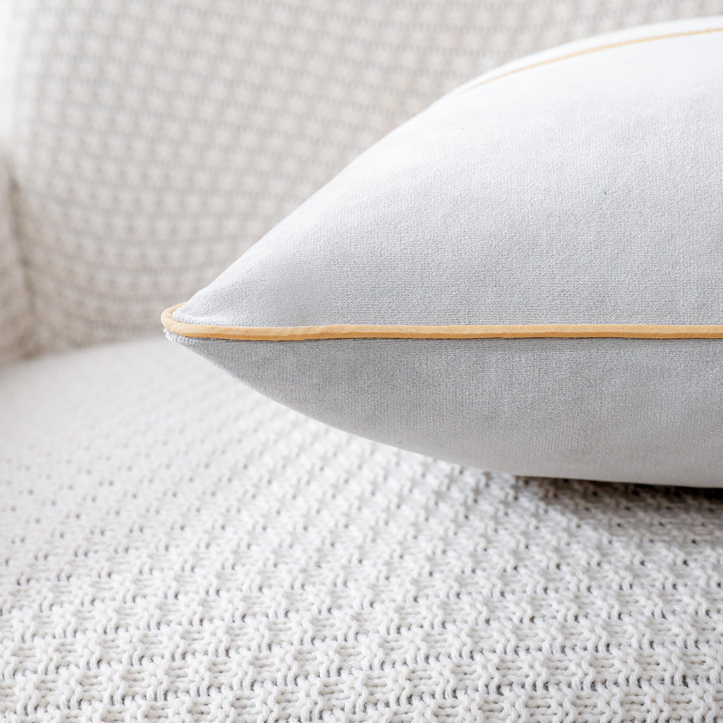 Patchwork Light Grey Silk-Like Velvet Throw Pillow Cover with Gold Striped Leather Cushion Case Modern Luxury Square