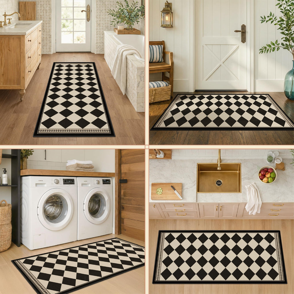 Black and White Checkered Easy Jute Laundry Room Rug Runner, Laundry Floor Mat, Washable Non Slip Diamond Boho