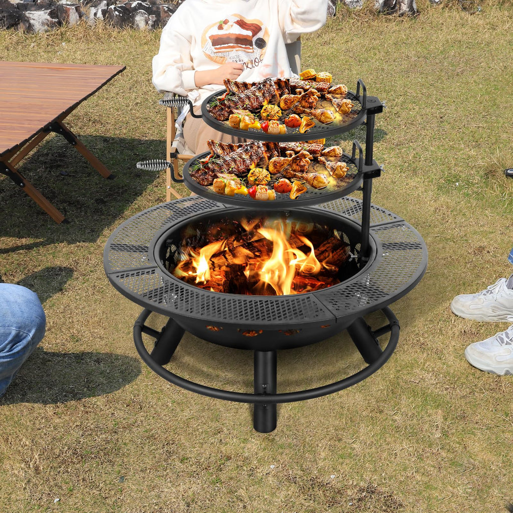 35 Inch Fire Pit with 2 Cooking Grate & Charcoal Pan, Outdoor Wood Burning BBQ Grill Firepit Bowl with Cover Lid