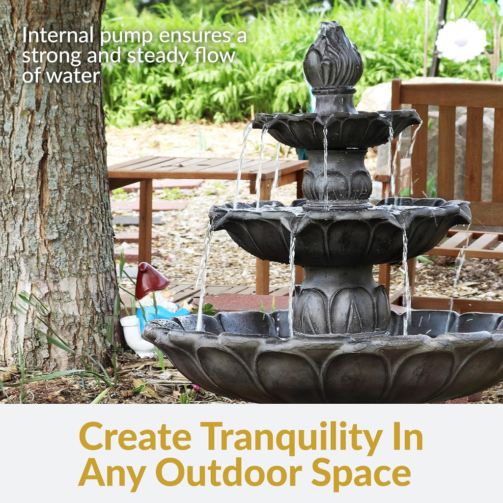 Classic Tulip 46" Tiered Outdoor Water Fountain - 3-Tiered Outdoor Fountain - Dark Brown