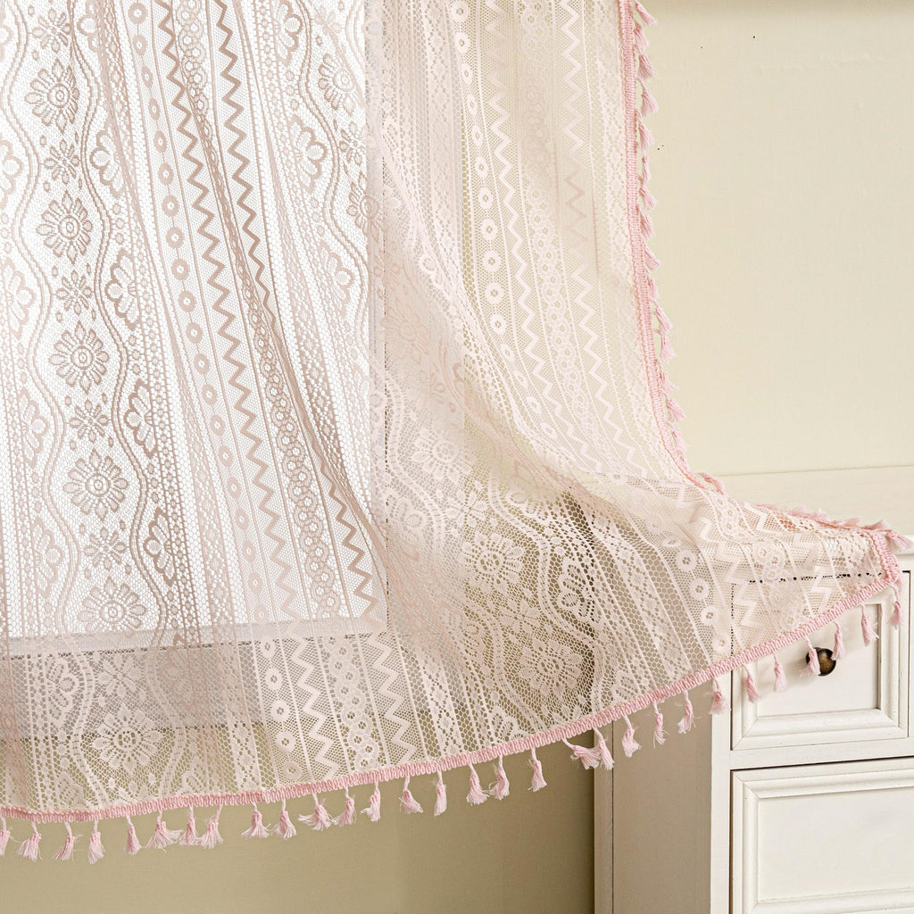 Pink Lace Tier Curtains 36 Inch Length 2 Panels Kitchen Cafe Sheer Short Boho Half Country Rod Pocket Curtains for