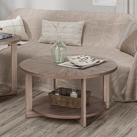 Round Wood Coffee Tables with Storage, Rustic Farmhouse Coffee Table with Distressed Wood Top, Large Circle Table
