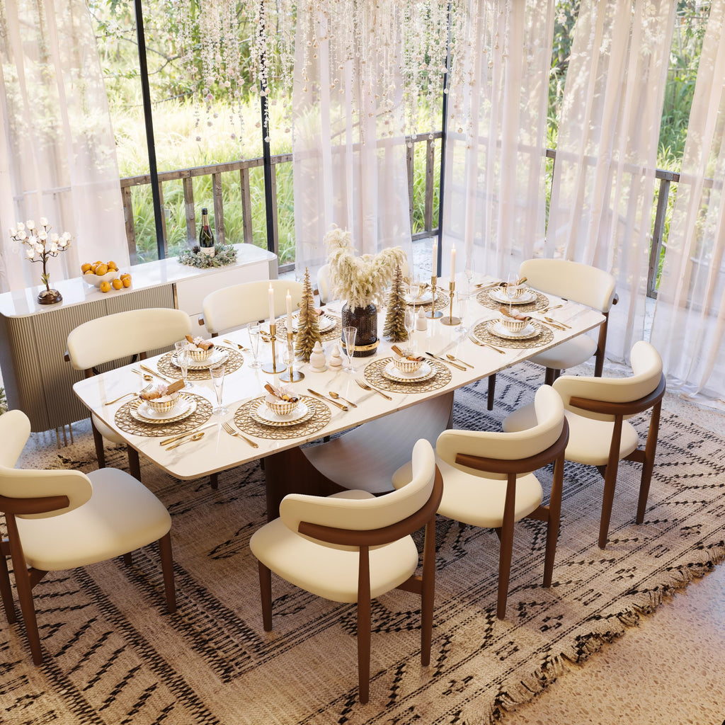 94" Modern Dining Table for 8-10, Hobart Matte White Dining Room Table, Sintered Stone Tabletop with Bronze Carbon