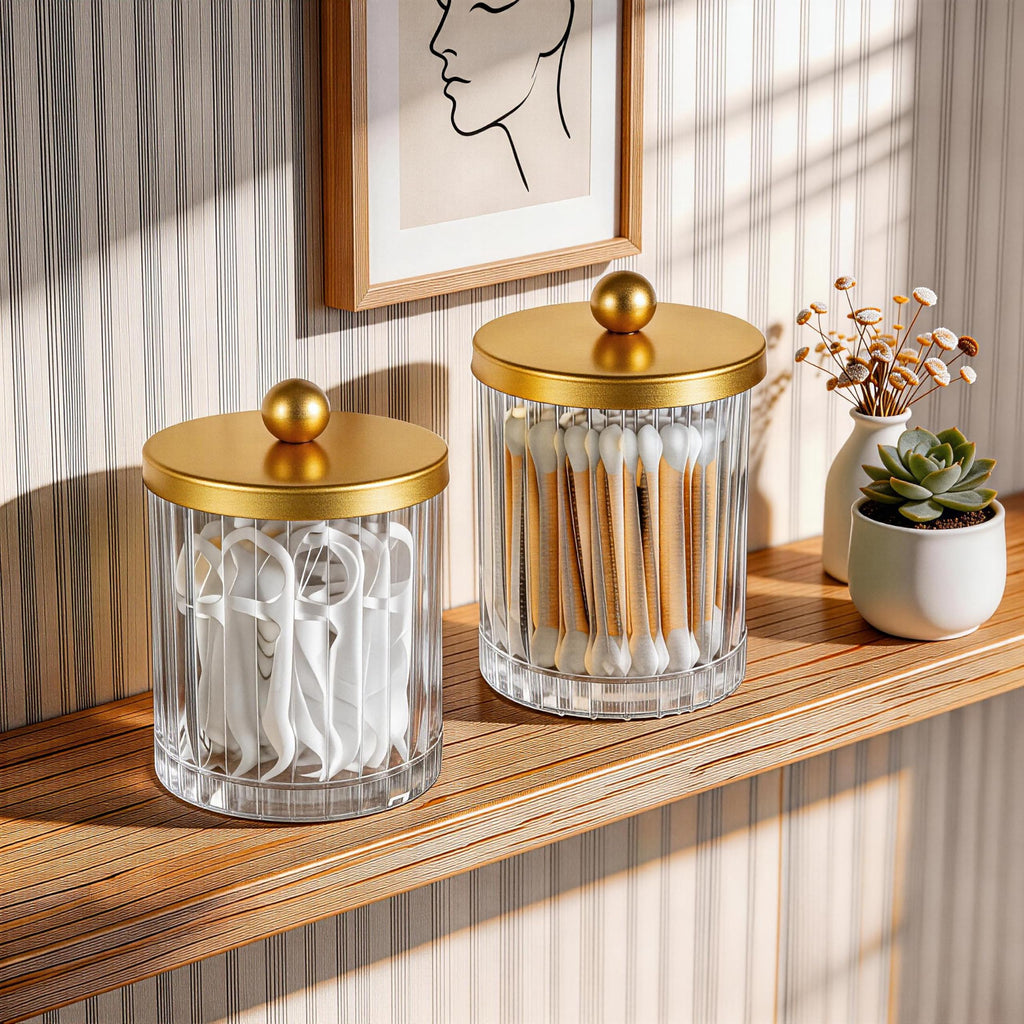 Qtip Holder, Clear Glass Apothecary Jars(Gold 4 Pack)