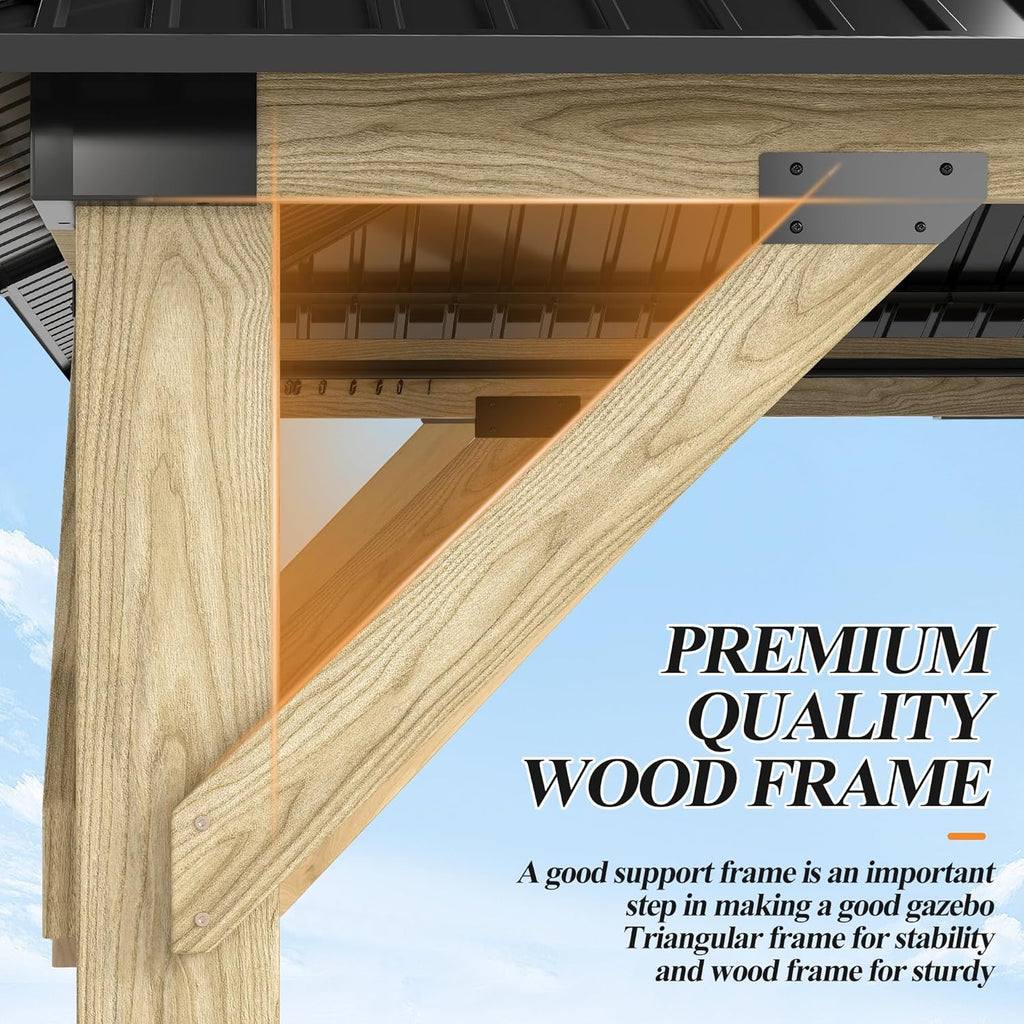 11’x13’ Outdoor Wooden Gazebo - Patio Galvanized Steel Gazebo with Double Vented Roof
