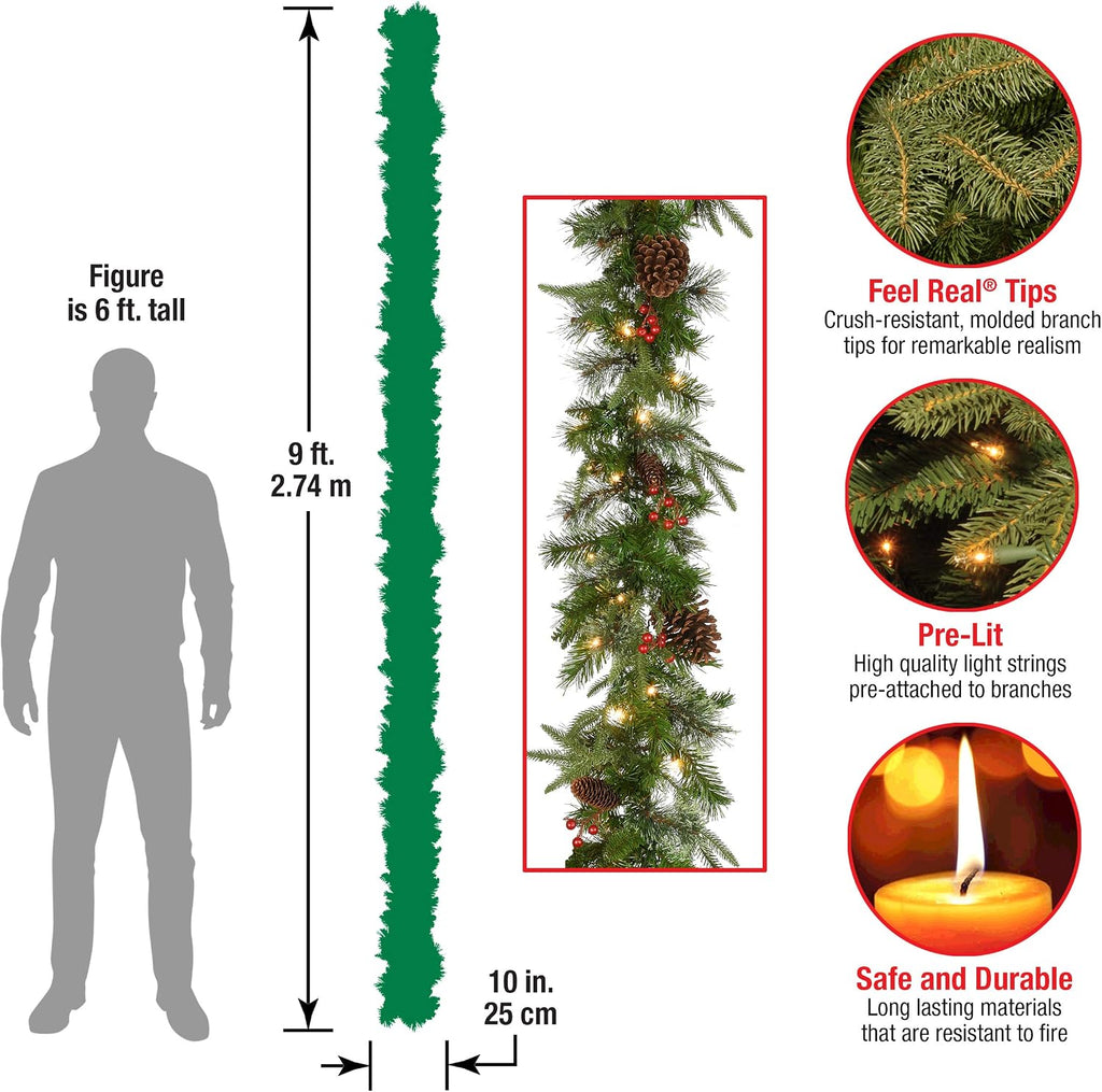 Tree Company 9ft Pre-Lit Colonial Fir Artificial Christmas Garland | 50 Clear Lights, 180 Tips, Christmas Decoration