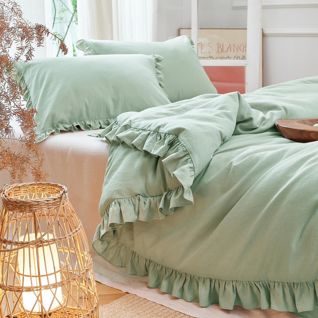 Ruffled Linen Cotton Duvet Cover Set 3Pcs, Breathable Natural Blend with Feminine Ruffle Accents (1 Duvet Cover & 2