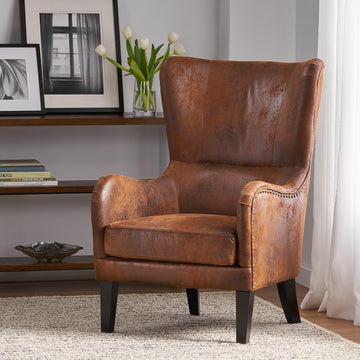 Mid-Century Modern Wingback Accent Chair, Faux Leather with Nailhead Trim
