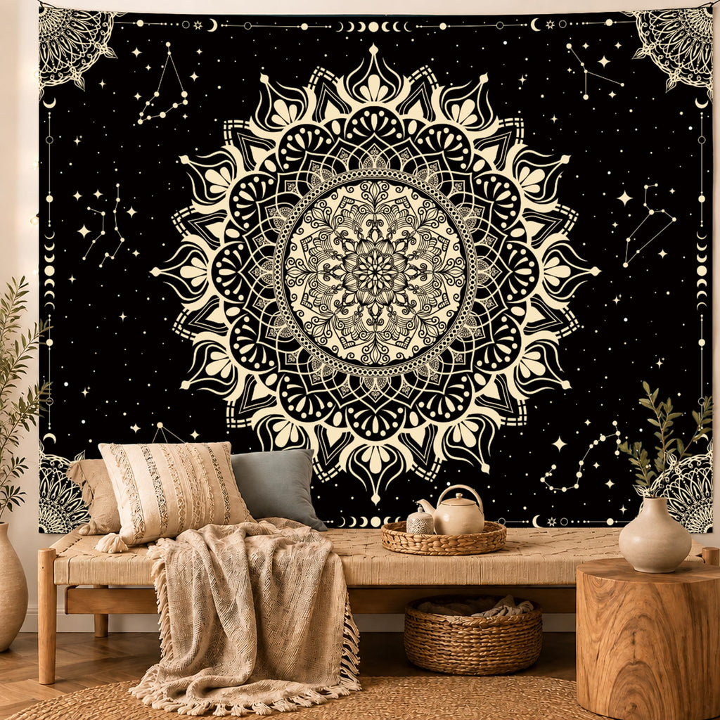 Boho Mandala Tapestry, Black Hippie Ceiling Tapestries