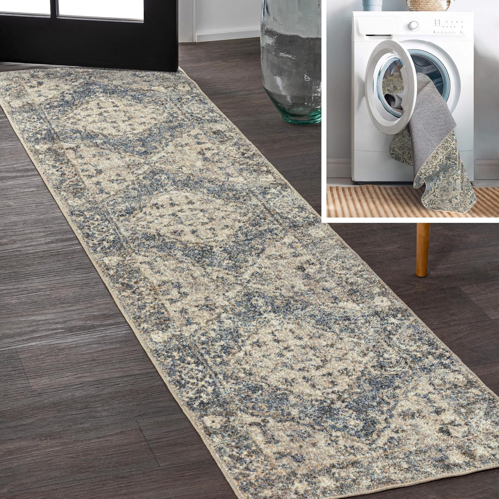 Machine Washable Blue/Cream Runner Rug 2X8 ft, Pavel Distressed Medallion Low-Pile, Easy-Cleaning, Pet-Friendly