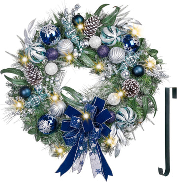 30" Large Christmas Wreath for Front Door with Lights Ribbon