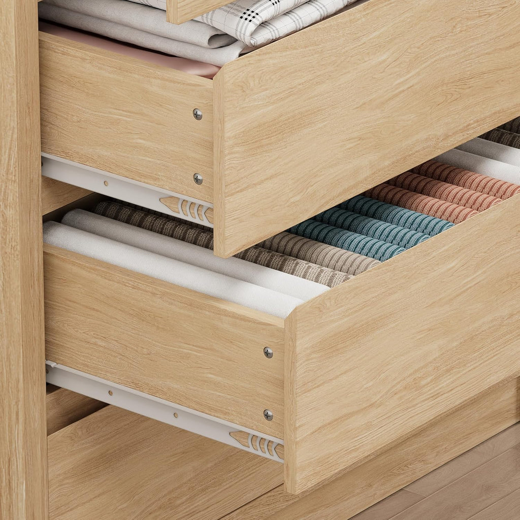 5 Drawer Dresser with LED Light, Modern Chest of Drawers with Hidden Handles, Tall Wooden Dresser Closet - Oak