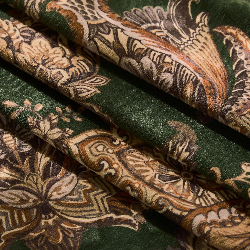 Green Velvet Curtains Moody Floral Print, W52 x L84, 2 Panels