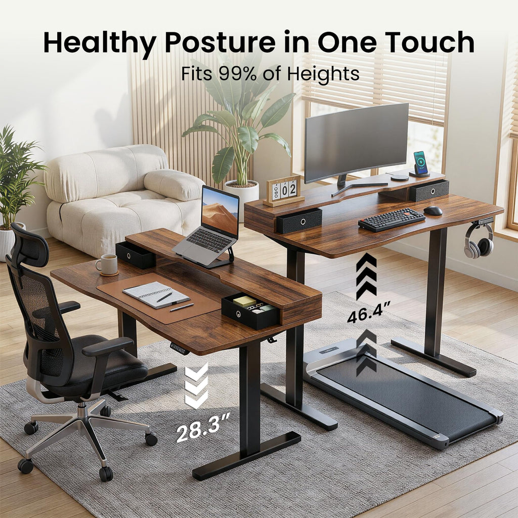 55x26 Inch Electric Standing Desk with Drawers, Rustic Walnut