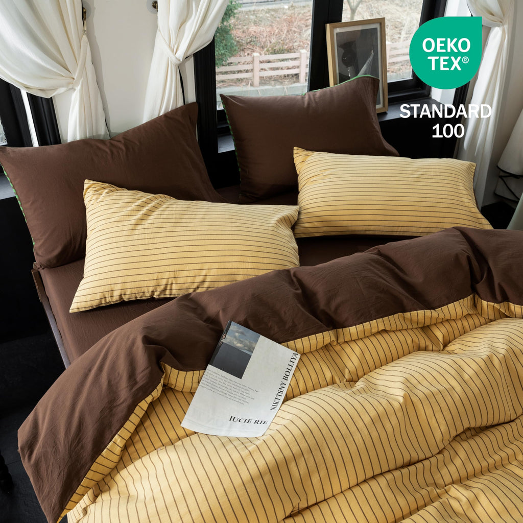 3Pcs Reversible Yellow Brown Striped Queen Duvet Cover Set