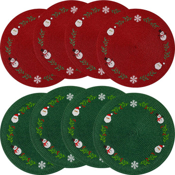 8 Pcs Christmas Round Embroidered Placemats, Christmas Snowman