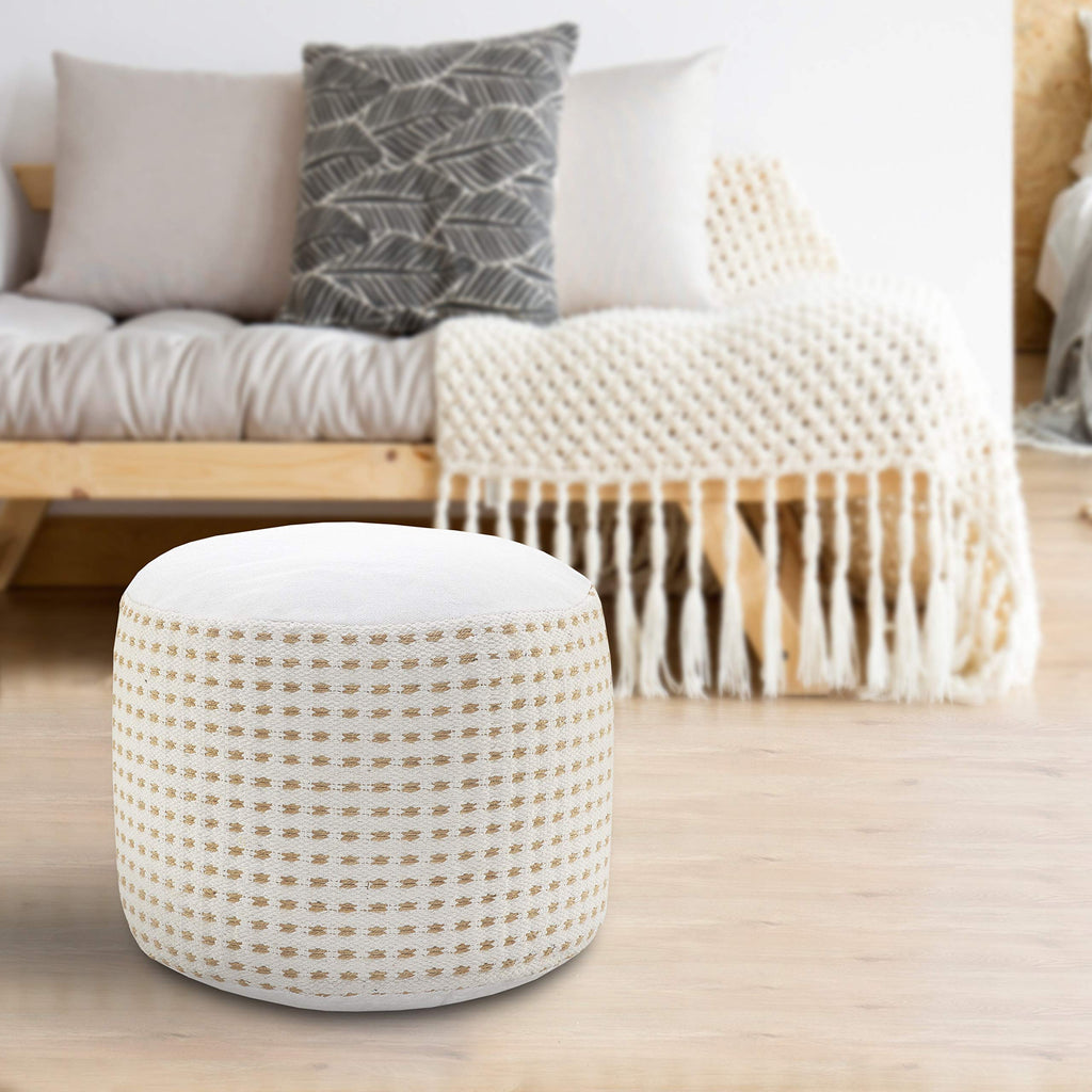 LR Home Ox Bay Handcrafted Dashing Geometric Natural Jute Pouf, White/tan 18" x 18" x 14"